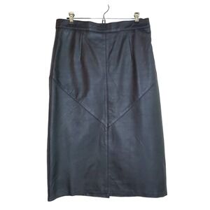 Vintage Black Leather Midi Skirt High Waisted A Line Zipper Closure 70s 80s